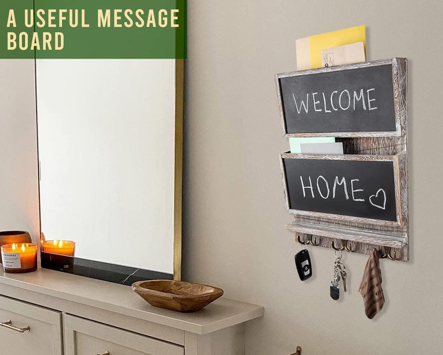 Rustic 2-Slot Mail Sorter Organizer for Wall W/Chalkboard Surface & 3 Double Key Hooks