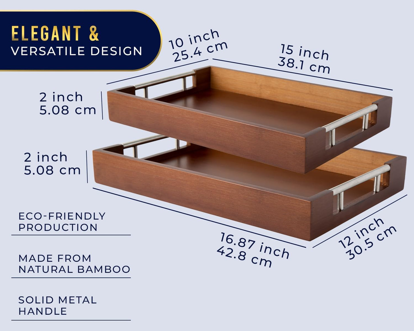 Set of 2 Decorative Serving Trays - Bamboo + Silver Stainless Steel Handles