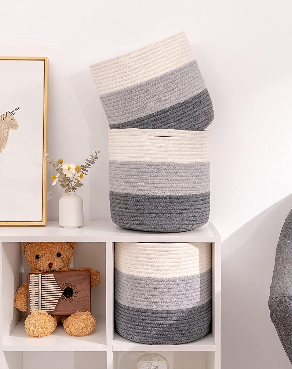 Durable Woven Cotton Storage Cubes Baskets - 11" x 11" - Fits 12" x 12" Cube Organizers - 3-Pack in 3-Tone Gray for Efficient Organization