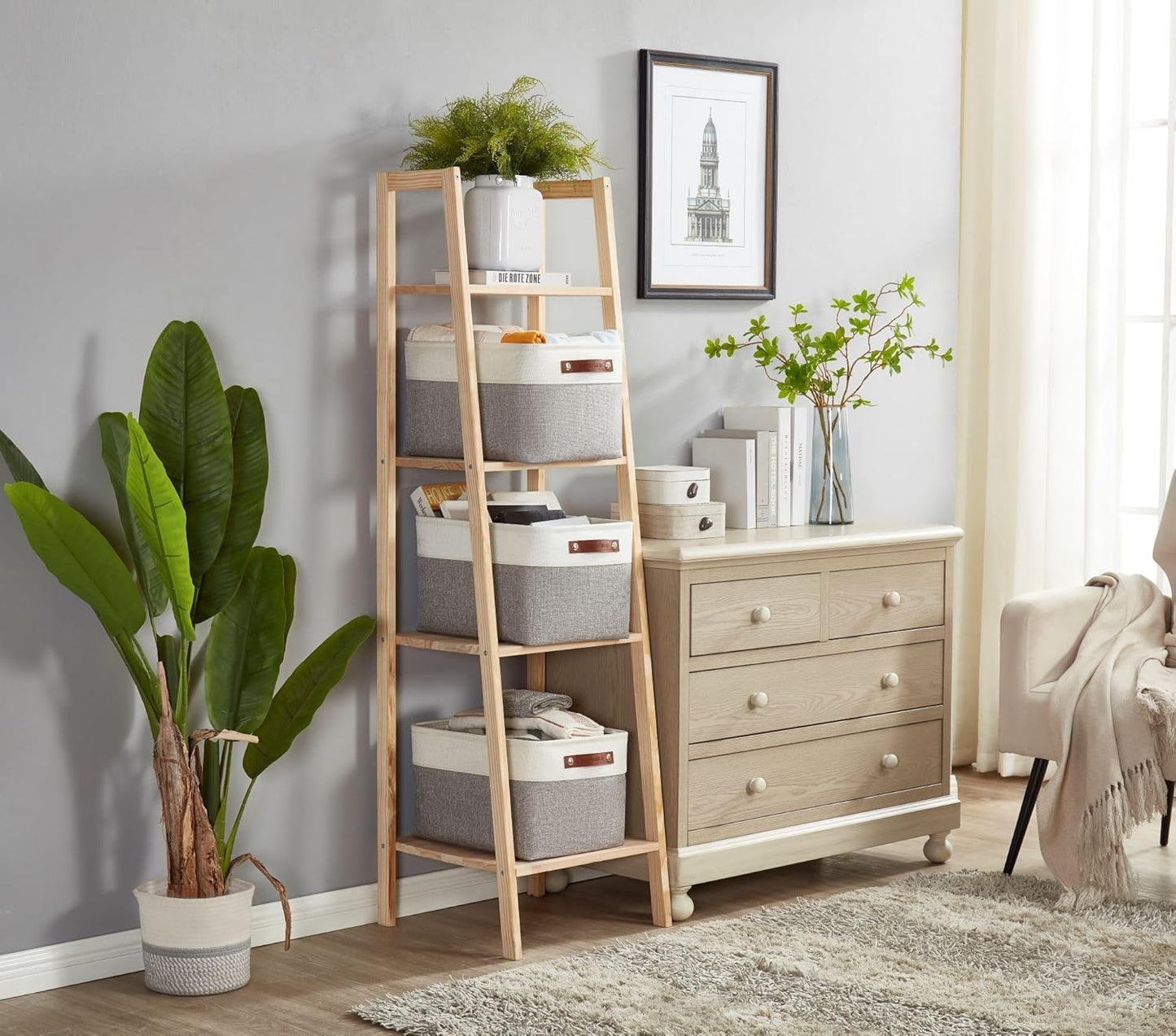 Fabric Storage Baskets for Shelves, Linen Closet Organization (Grey and White, Large - 4 Pack)