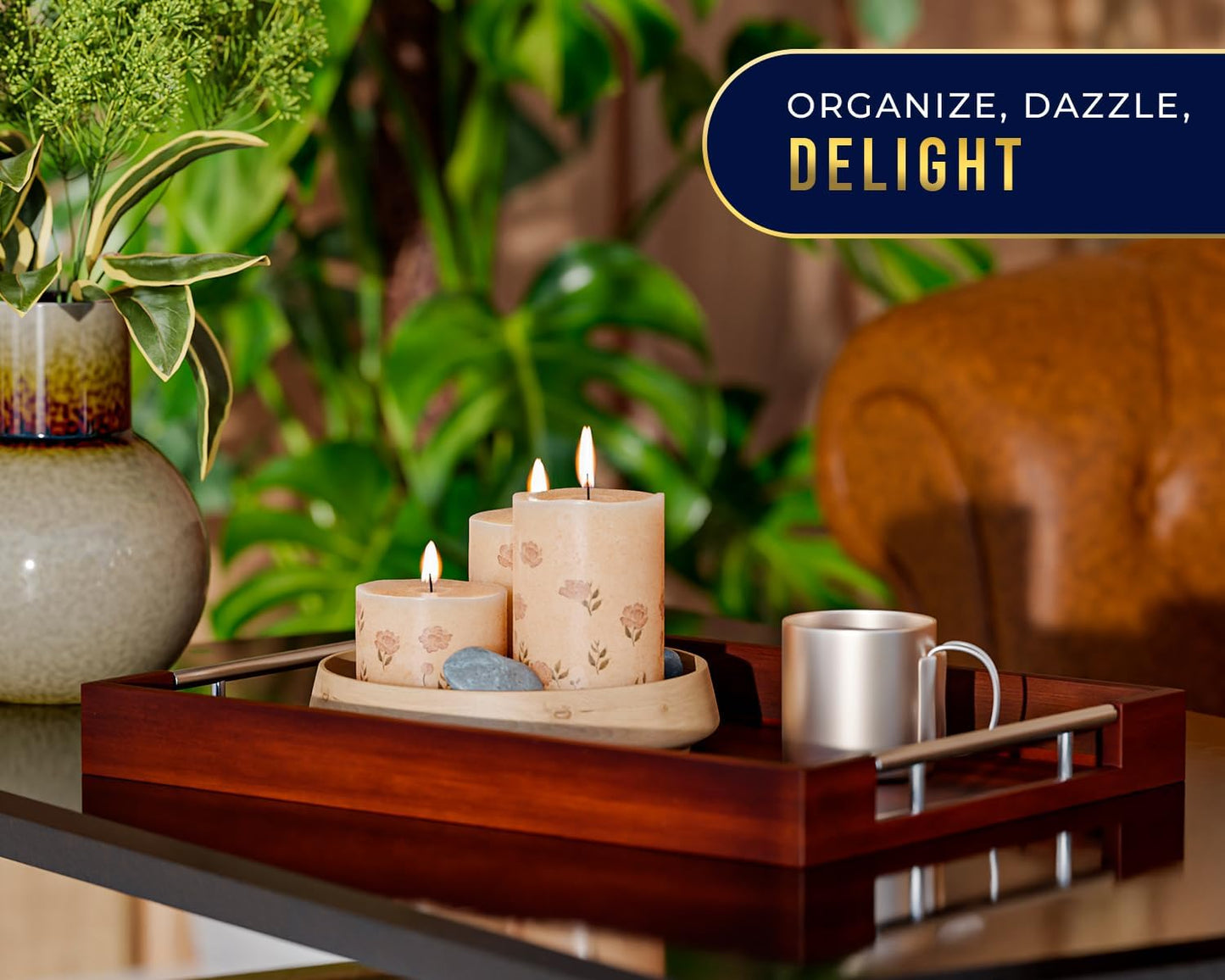 Set of 2 Decorative Serving Trays - Bamboo + Silver Stainless Steel Handles