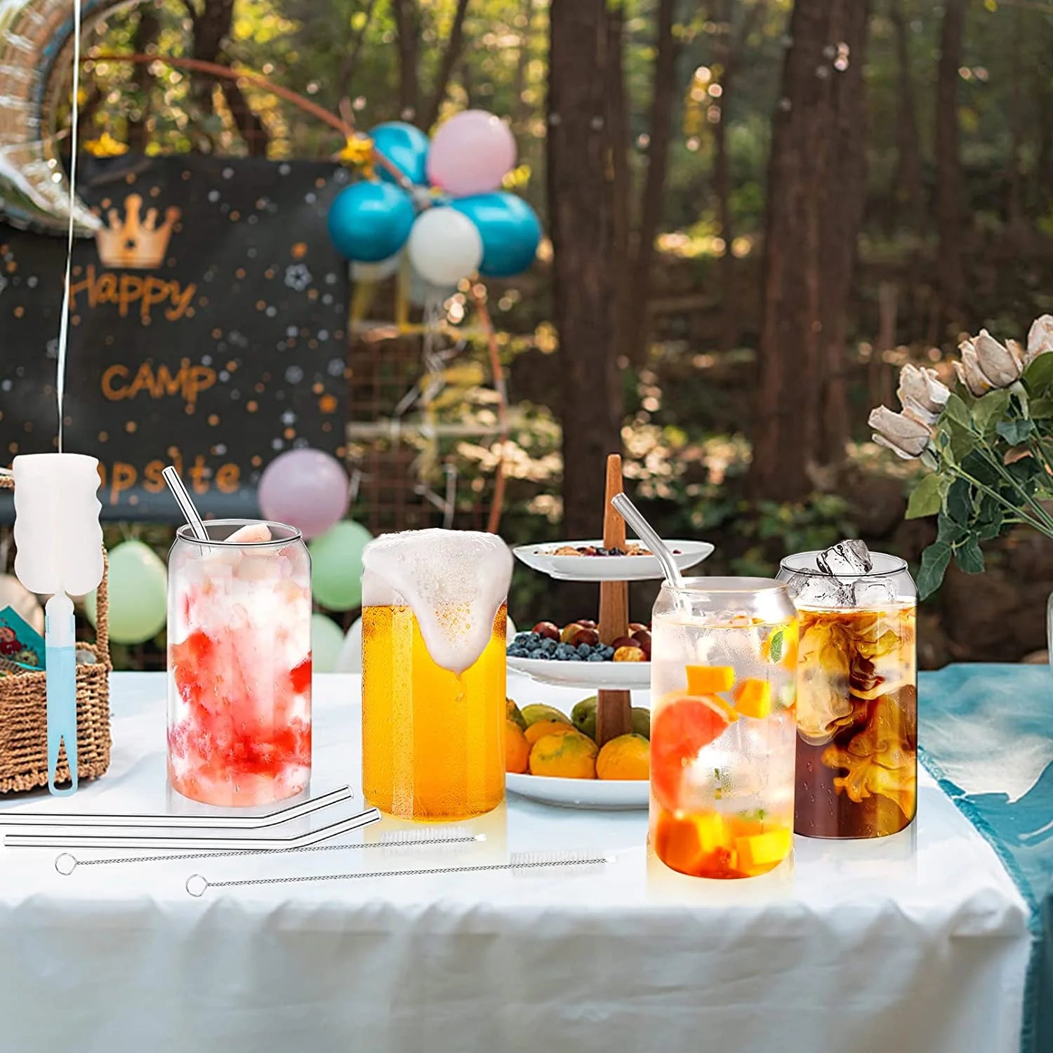 Bamboo Lid Glass Cups with Glass Straw16 Oz - (4 Pack)