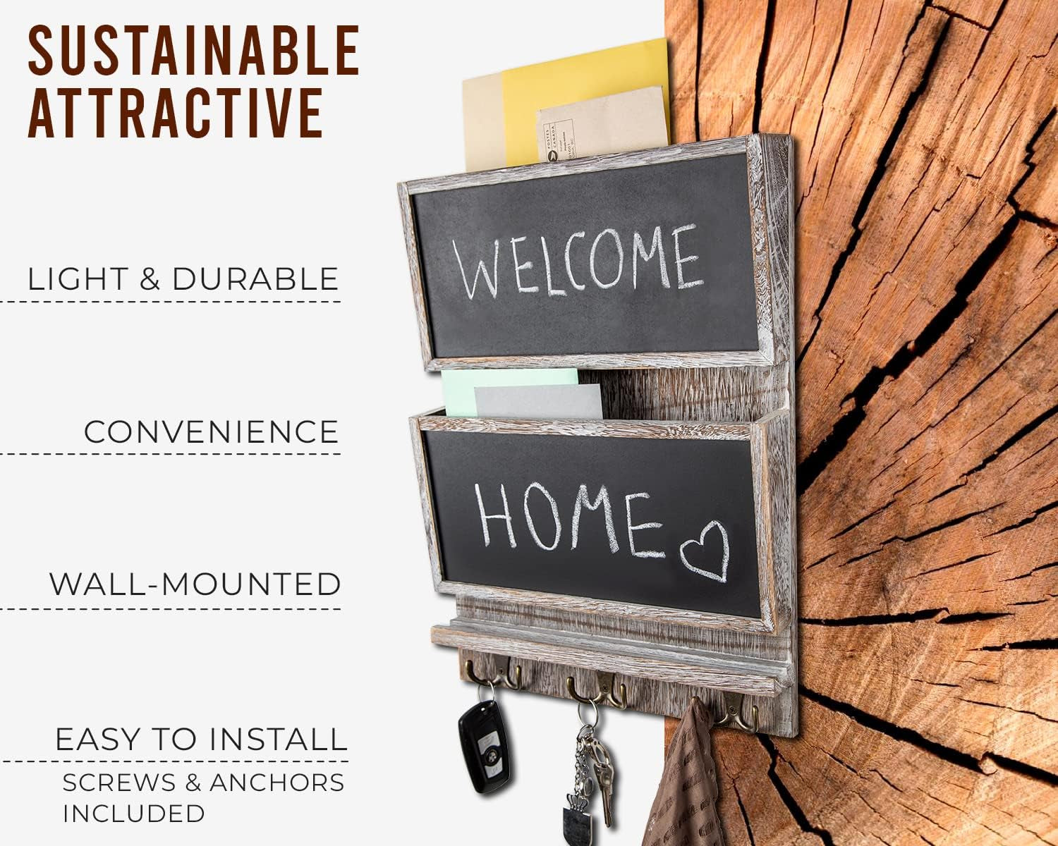 Rustic 2-Slot Mail Sorter Organizer for Wall W/Chalkboard Surface & 3 Double Key Hooks