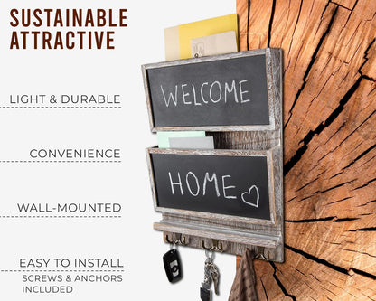 Rustic 2-Slot Mail Sorter Organizer for Wall W/Chalkboard Surface & 3 Double Key Hooks