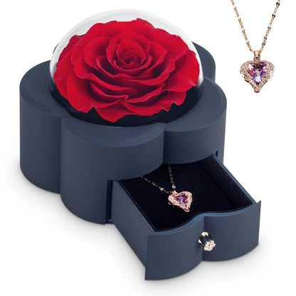 Preserved Rose Necklace Gift Box, Mother's Day, Valentine's Day, (Red Flower)