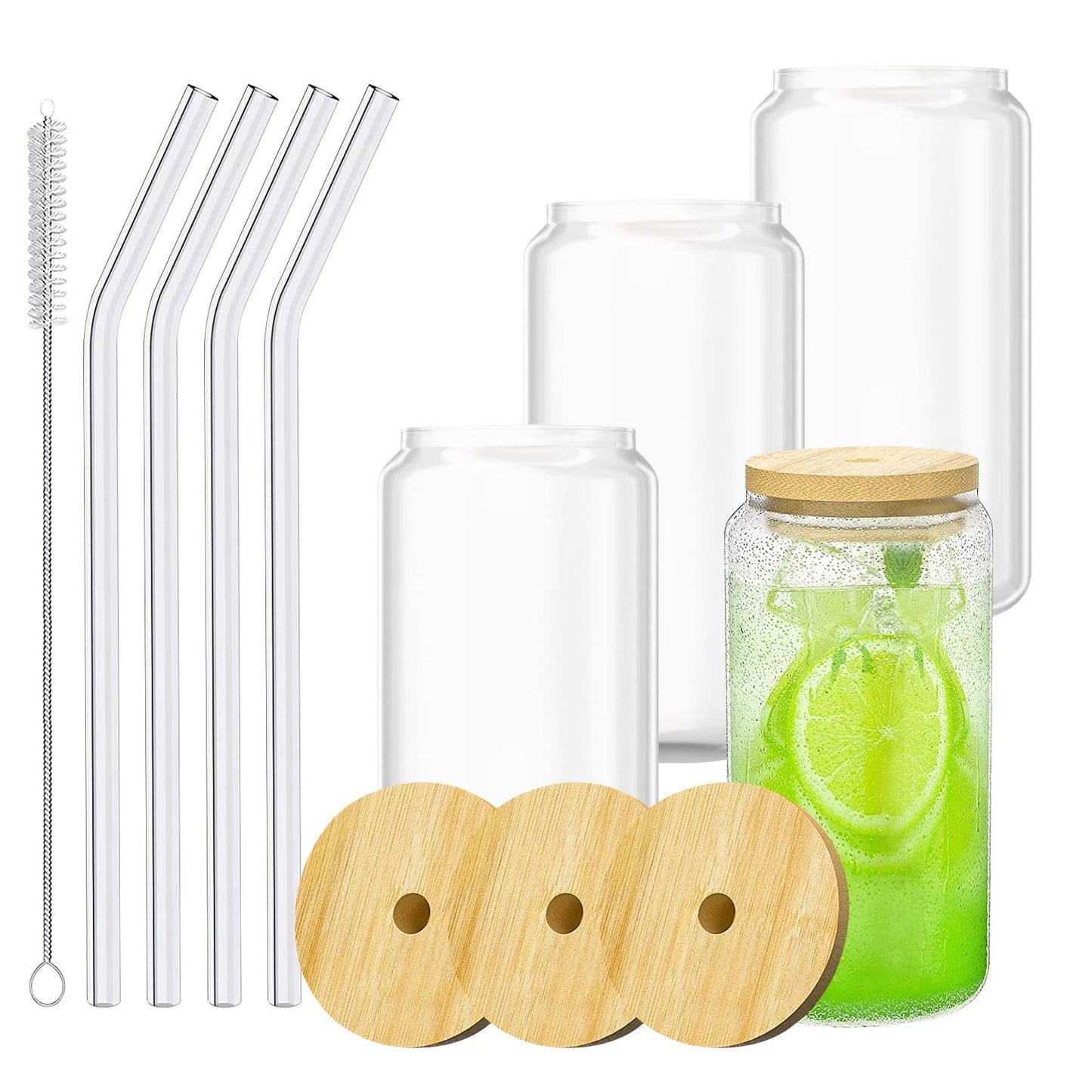 Bamboo Lid Glass Cups with Glass Straw16 Oz - (4 Pack)