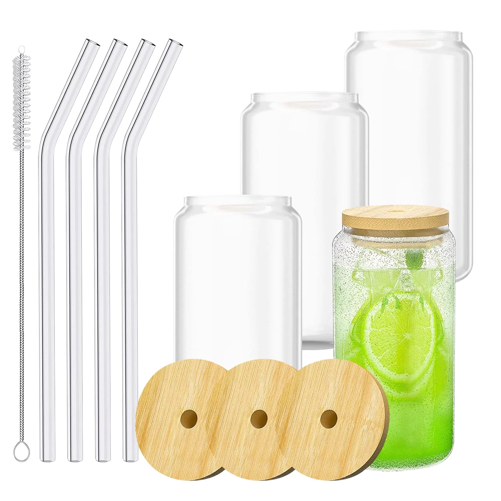 Bamboo Lid Glass Cups with Glass Straw16 Oz - (4 Pack)
