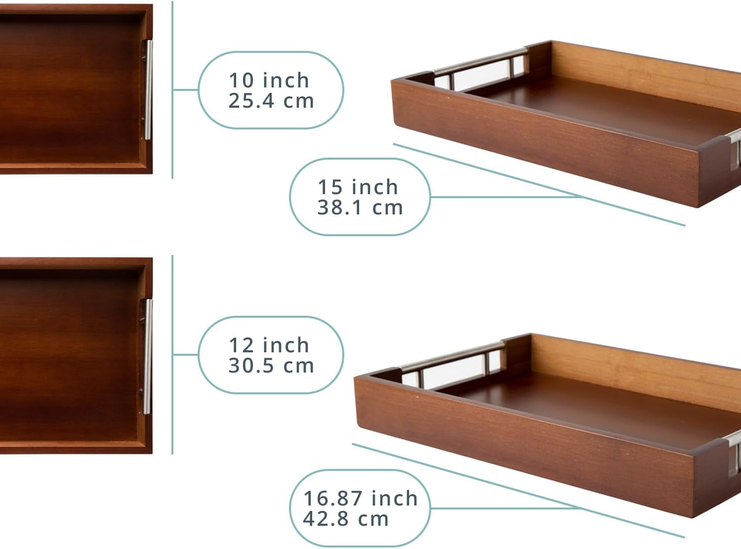 Set of 2 Decorative Serving Trays - Bamboo + Silver Stainless Steel Handles