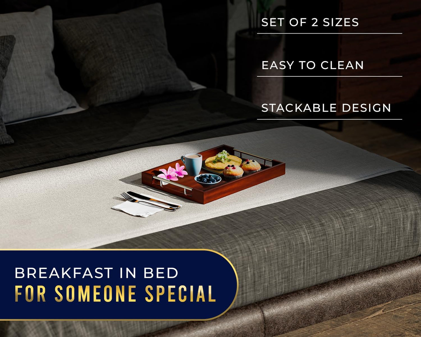 Set of 2 Decorative Serving Trays - Bamboo + Silver Stainless Steel Handles