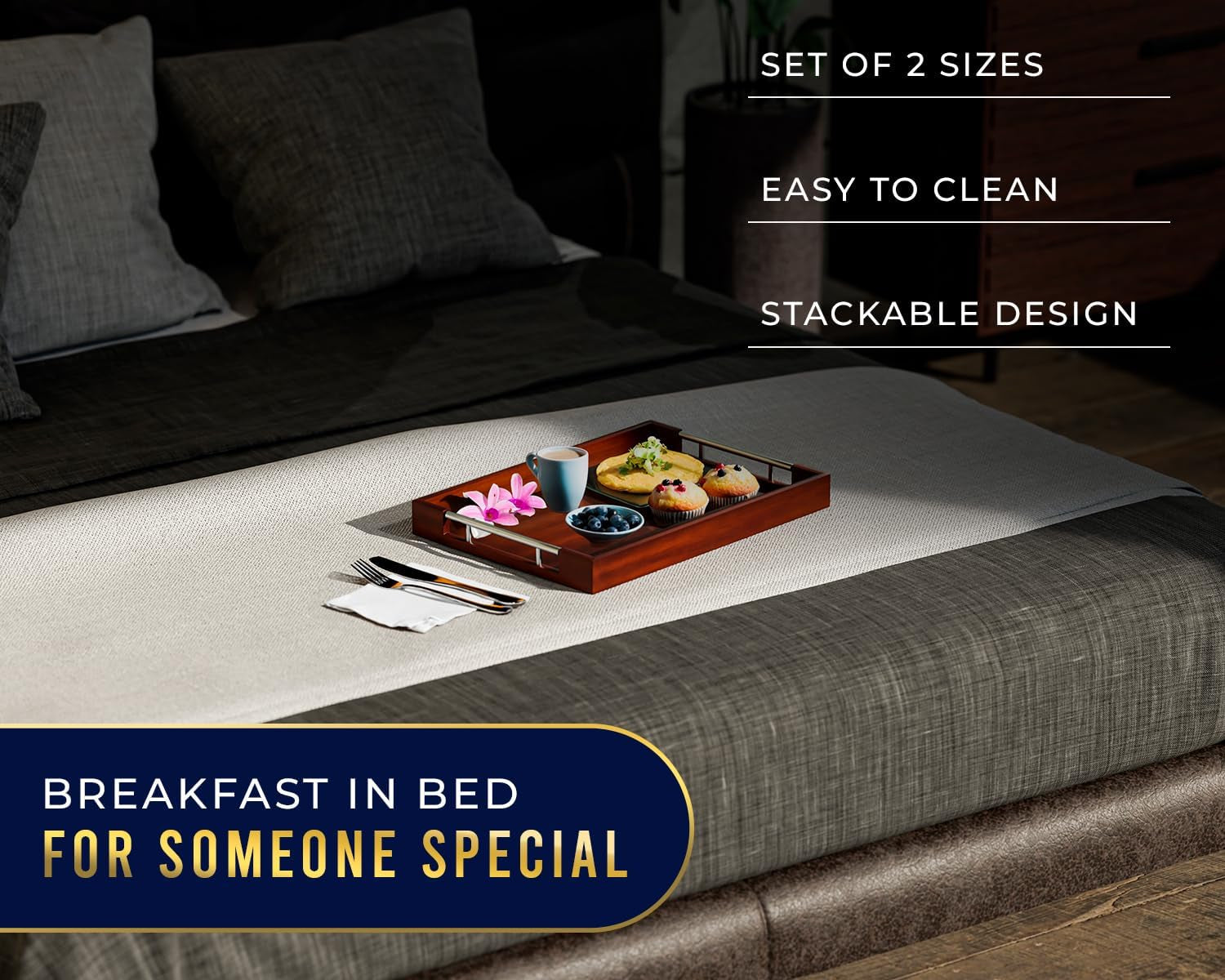 Set of 2 Decorative Serving Trays - Bamboo + Silver Stainless Steel Handles