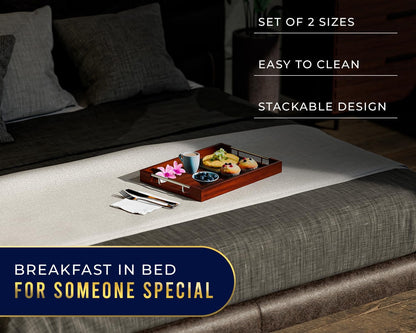 Set of 2 Decorative Serving Trays - Bamboo + Silver Stainless Steel Handles