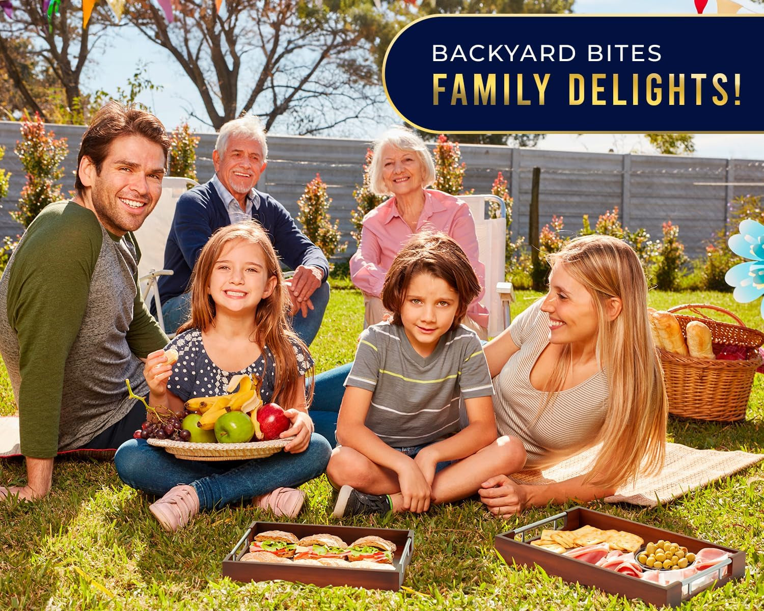 Set of 2 Decorative Serving Trays - Bamboo + Silver Stainless Steel Handles