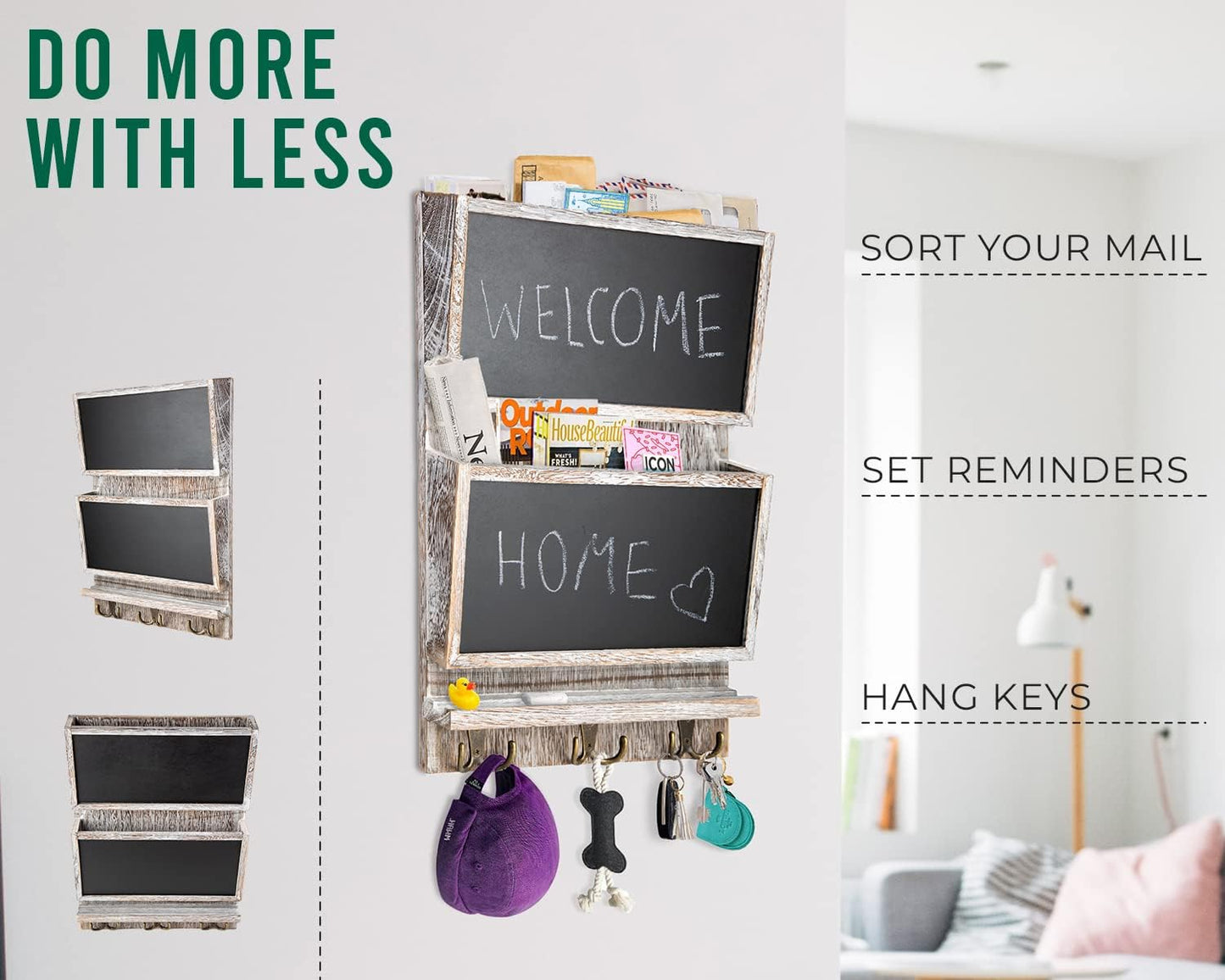 Rustic 2-Slot Mail Sorter Organizer for Wall W/Chalkboard Surface & 3 Double Key Hooks