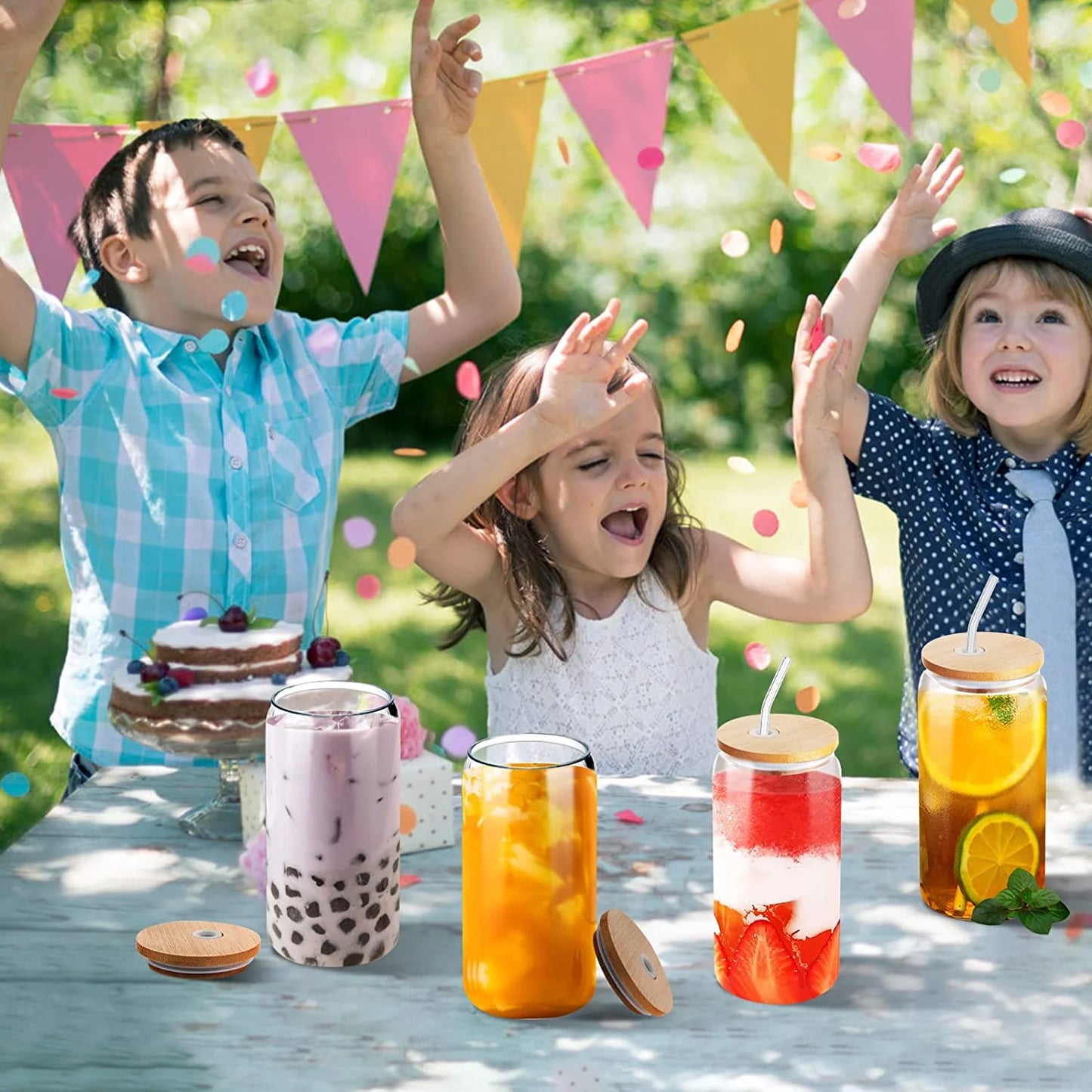 Bamboo Lid Glass Cups with Glass Straw16 Oz - (4 Pack)