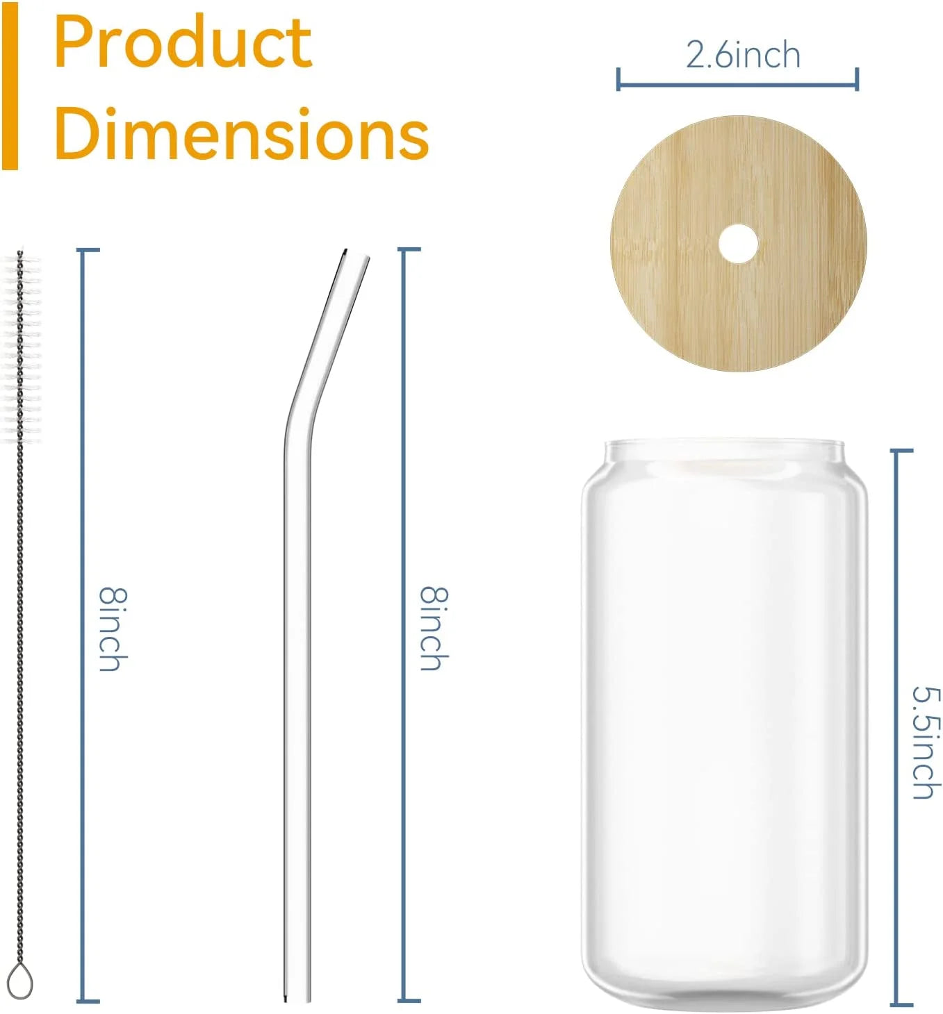 Bamboo Lid Glass Cups with Glass Straw16 Oz - (4 Pack)