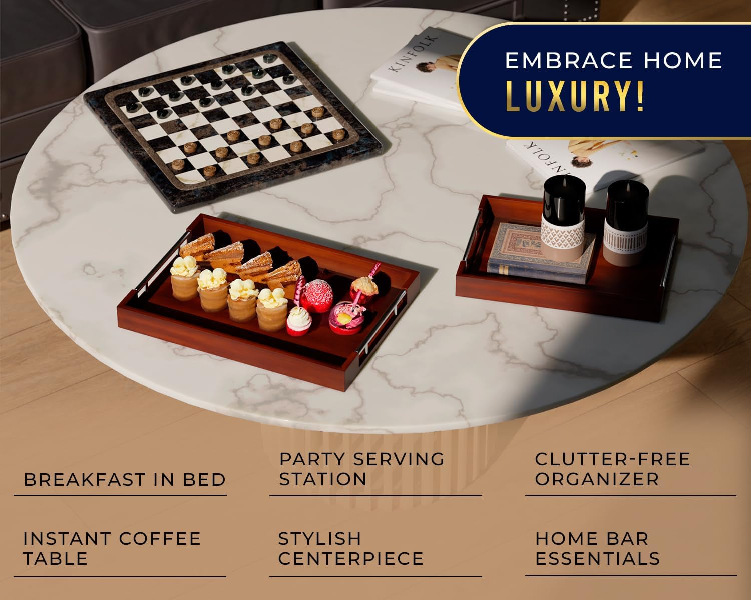 Set of 2 Decorative Serving Trays - Bamboo + Silver Stainless Steel Handles