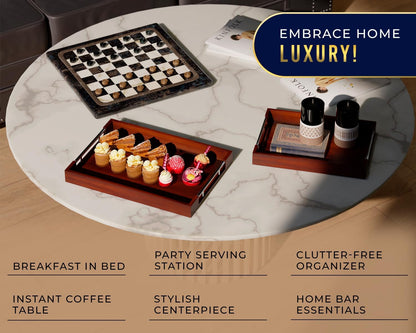 Set of 2 Decorative Serving Trays - Bamboo + Silver Stainless Steel Handles