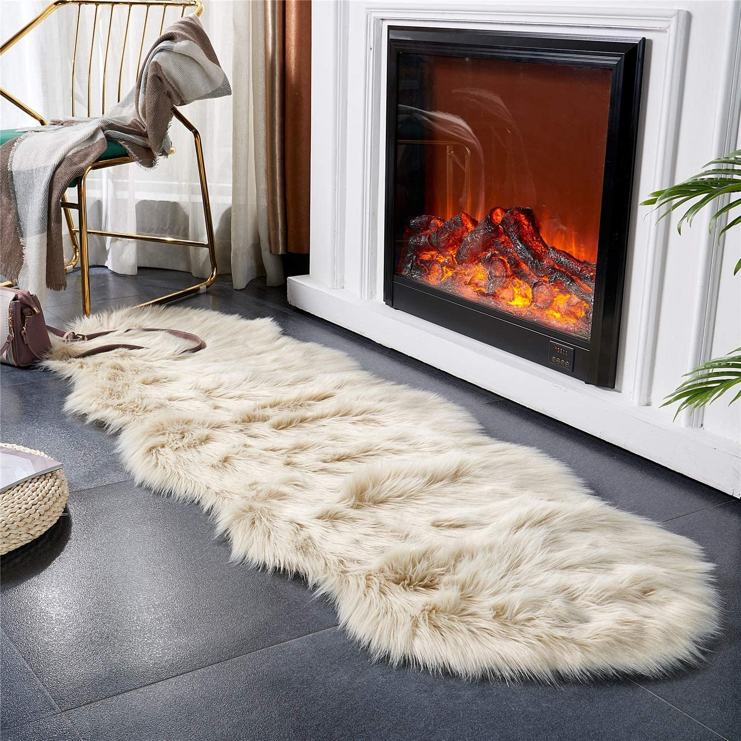 Ultra Soft Faux Fur Rug for Bedroom and Living Room (2 x 6 Ft, Beige)