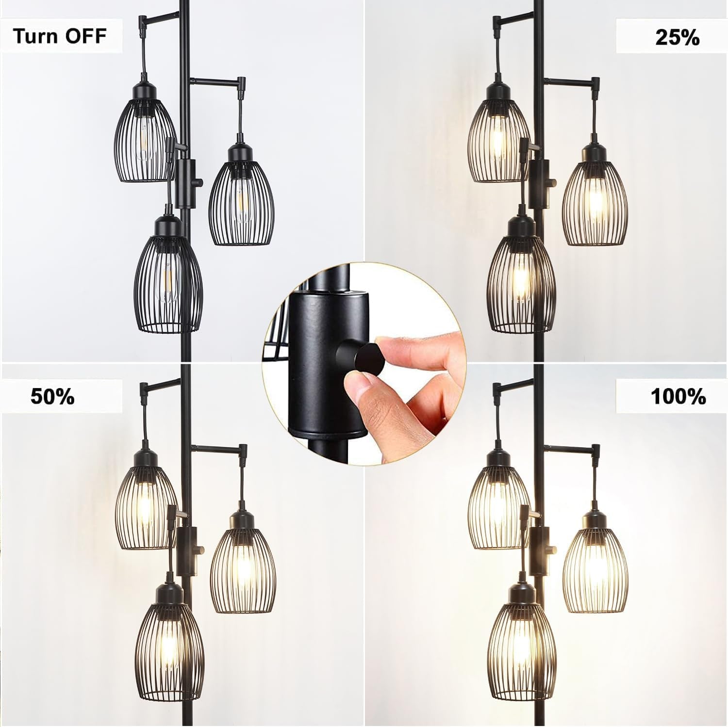 68’’ Dimmable Floor Lamp, 3 X 800LM LED Edison Bulbs Included