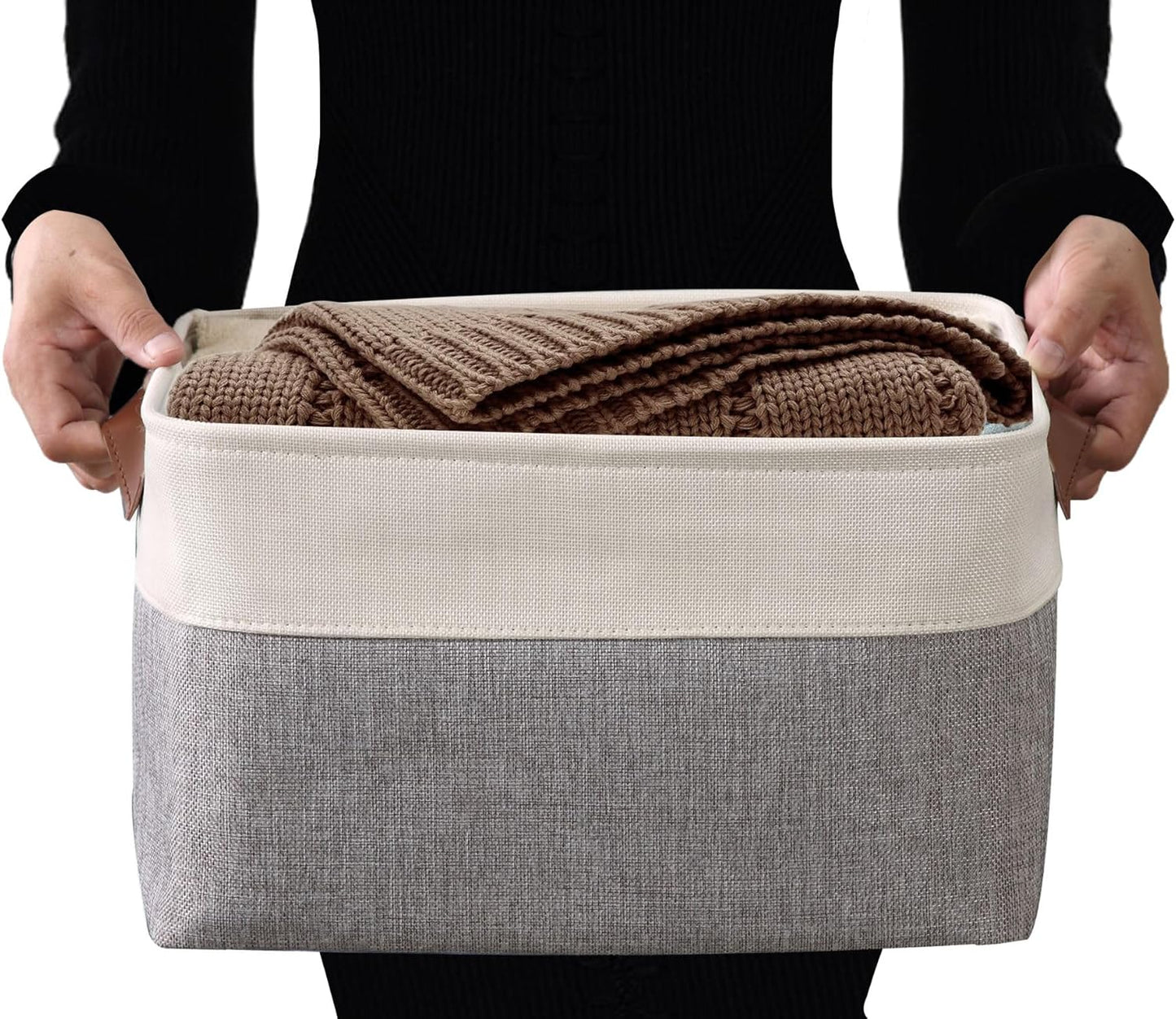 Fabric Storage Baskets for Shelves, Linen Closet Organization (Grey and White, Large - 4 Pack)