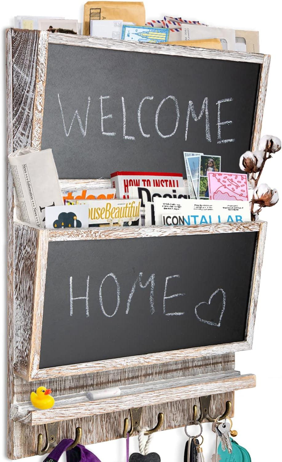 Rustic 2-Slot Mail Sorter Organizer for Wall W/Chalkboard Surface & 3 Double Key Hooks