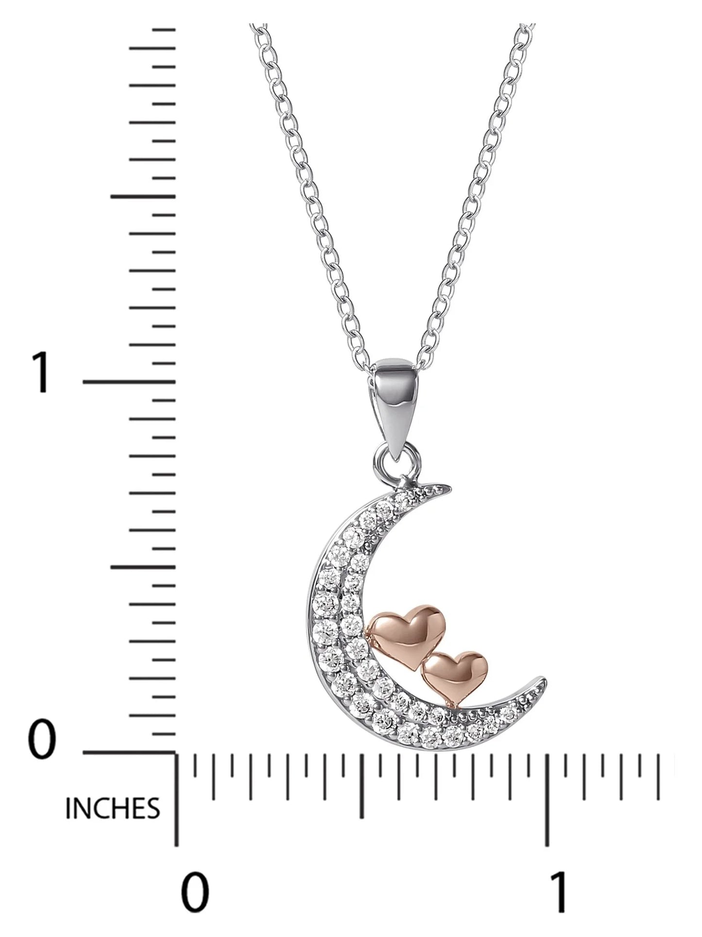 Moon Hearts Brass Pink Gold Plated Cubic Zirconia Pendant, 18" +2"