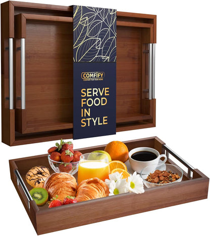 Set of 2 Decorative Serving Trays - Bamboo + Silver Stainless Steel Handles