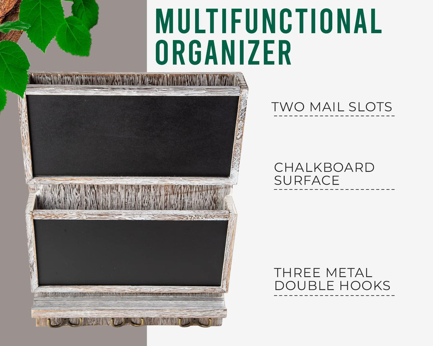 Rustic 2-Slot Mail Sorter Organizer for Wall W/Chalkboard Surface & 3 Double Key Hooks