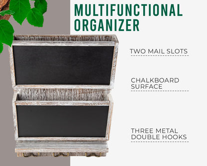 Rustic 2-Slot Mail Sorter Organizer for Wall W/Chalkboard Surface & 3 Double Key Hooks