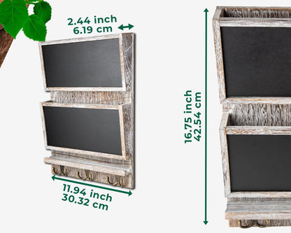 Rustic 2-Slot Mail Sorter Organizer for Wall W/Chalkboard Surface & 3 Double Key Hooks
