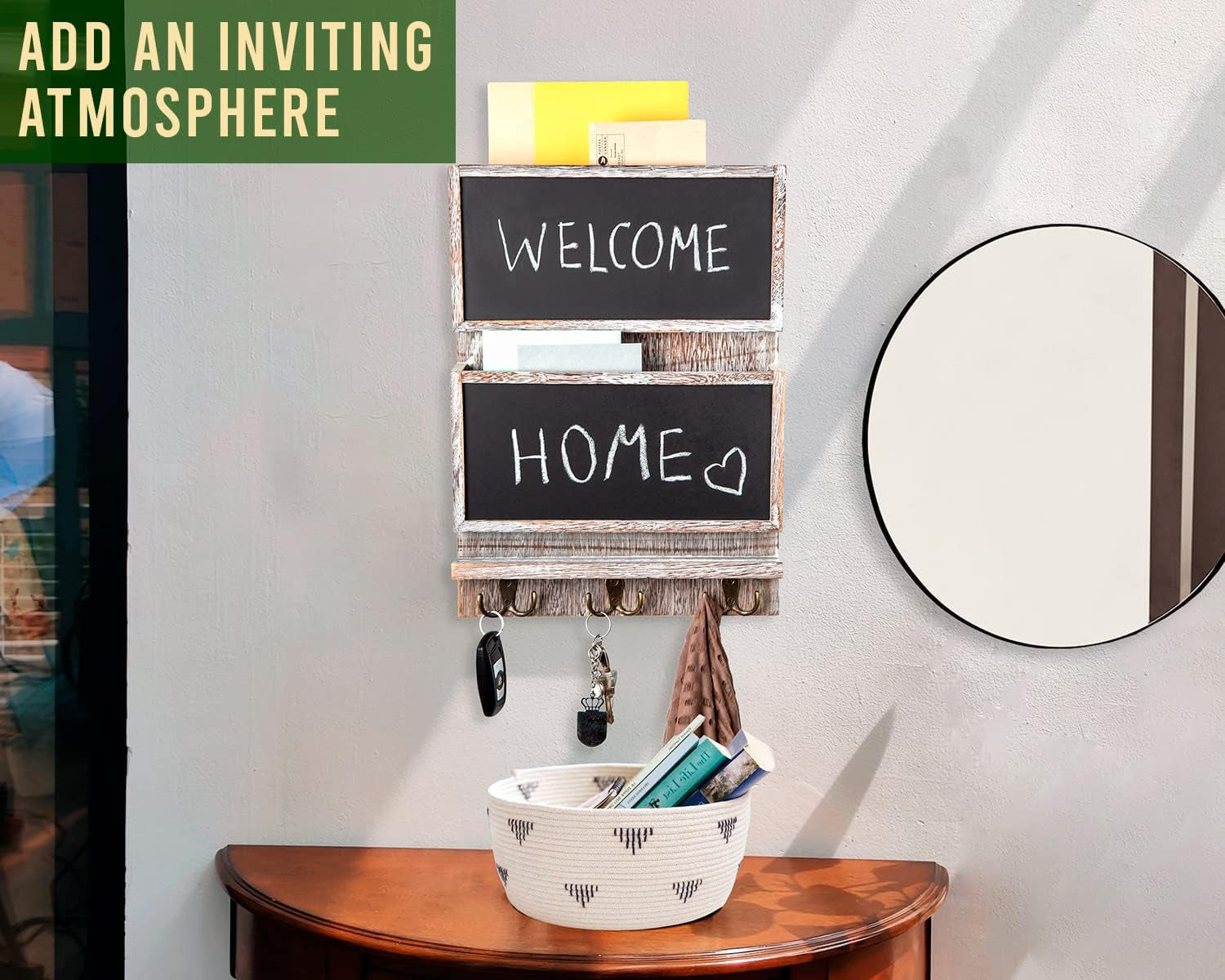 Rustic 2-Slot Mail Sorter Organizer for Wall W/Chalkboard Surface & 3 Double Key Hooks